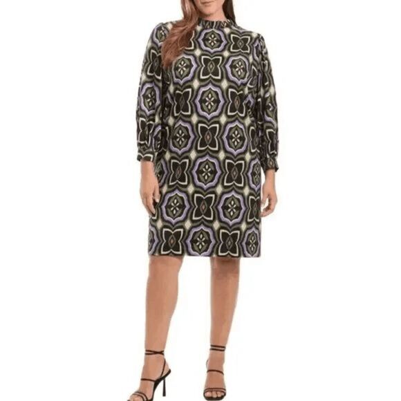 Donna Morgan Mock Neck Printed Dress | Size 18 | Geometric | Shift Sheath | Line - Picture 1 of 10